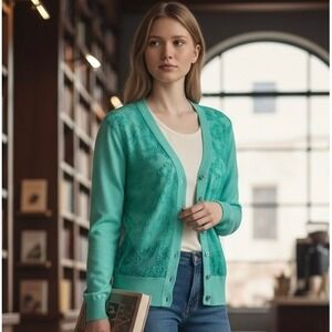 Papaya Lace Overlay Cardigan Women Small Mint Green Knit Cottagecore Whimsical